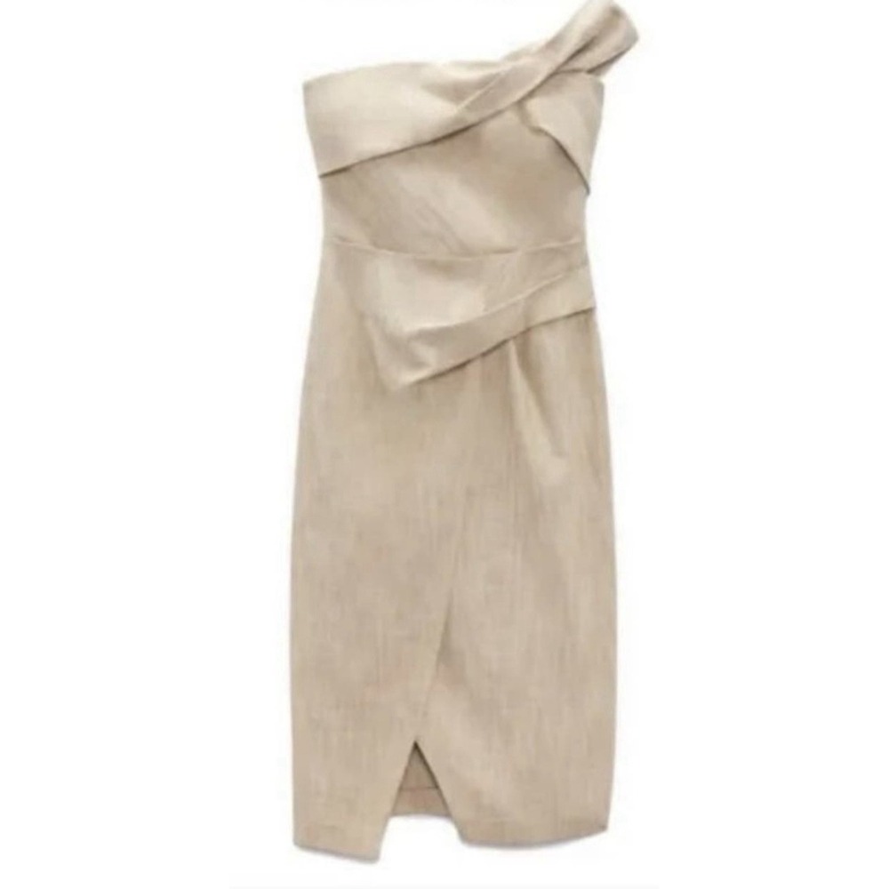 Zara Asymmetric Pencil Dress Slip Midi Camel Taupe Beige Size XS Linen Feel - Picture 2 of 14